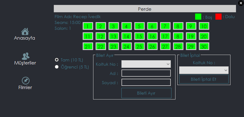 C# Form | SQL Veritabanı İle Sinema Otomasyonu Uygulaması
